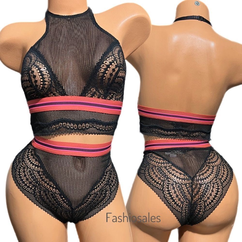 Victorias Secret Set Bonded High Neck Lace bralette bra & High Waist Cheeky M